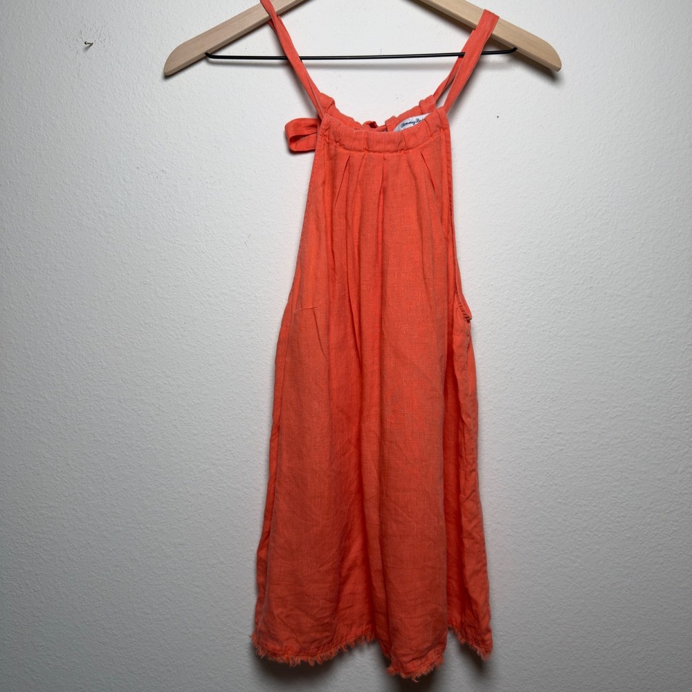 Tommy Bahama Women 100% Linen Tank Top Medium Orange Halter Frayed Tie Back
